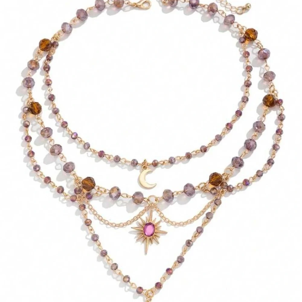 Celestial Layered Choker Necklace Star Moon Pink Purple Gold Tone Vtg Style NEW